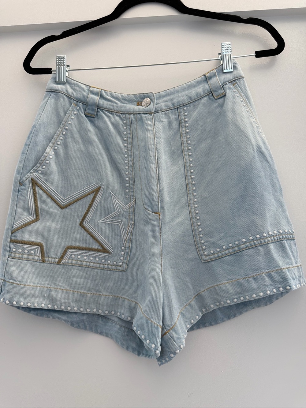 Berenice Light Blue Star and Flame Embroidered Women's Denim Shorts